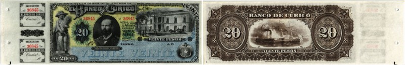 BANKNOTEN. Chile. Republik. Banco de Curico. 20 Pesos 18. (ca. 1882). Reminder o...