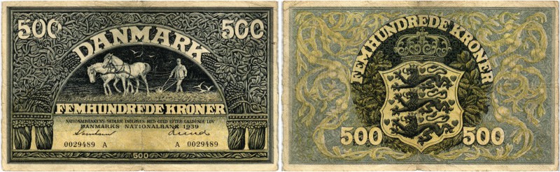 BANKNOTEN. Dänemark. Königreich. Nationalbank. 500 Kronen 1939. Prefix A. Pick 3...
