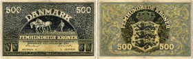 BANKNOTEN. Dänemark. Königreich. Nationalbank. 500 Kronen 1939. Prefix A. Pick 34a. Selten / Rare. Faltmitte: Kl. Löchlein / Small hole. III / Very fi...