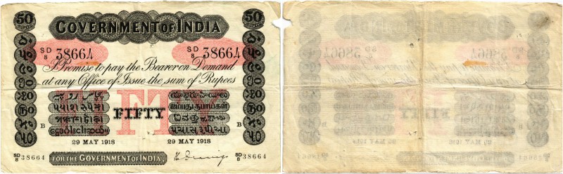 BANKNOTEN. Indien. Britische Administration. Government of India. 50 Rupees 1918...
