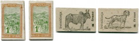 BANKNOTEN. Madagaskar. Republik. Briefmarkengeld / Emergency Postage Stamp Issues. Lot. 1 Franc o. J. (1916). Typ IV, Motiv Hund. 1 Franc o. J. Typ VI...