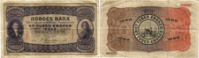 BANKNOTEN. Norwegen. Königreich. Norges Bank. 1000 Kroner 1931. Signatur: S. Cederholm. Pick 12b. Selten / Rare. IV+ / Better than fine. (~€ 525/USD 6...