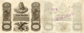 BANKNOTEN. Österreich Kaiserreich. "Privilegirte" Österreichische Nationalbank. 10 Gulden 1854, 1. Juli. Mit violettem Stempel "WERTHLOS" und 1671 (Ei...