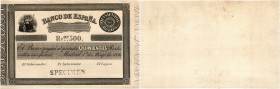 BANKNOTEN. Spanien. Königreich. 500 Reales 1856, 1. Mai. Druckprobe. Gedruckt in Schwarz auf dickem weissen Karton, mit Doppelmatrix und SPECIMEN-Stem...