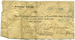 BANKNOTEN. United States of America / USA. Militärgeld. 5 Dollars 1920, 17. Februar. Brookfield 11th Balloon Company. Post Exchange. Seltenes Dokument...