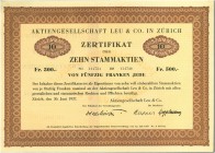 HISTORISCHE WERTPAPIERE. SCHWEIZ. Banken, Finanz und Versicherungen. AG Leu & Co. Aktie Fr. 50.-, 1937, Zürich. Zertifikat über 10 Stammaktien. Vorzüg...