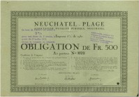HISTORISCHE WERTPAPIERE. SCHWEIZ. Diverse. Neuchâtel-Plage. Obligation Fr. 500.-, 1930, Neuchâtel. Lot 2 Stücke. Sehr schön / Very fine. (2) (~€ 35/US...