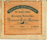 HISTORISCHE WERTPAPIERE. DEUTSCHLAND. Herzoglich Nassauische Domanial-Casse. Partial-Obligation 400 Gulden 1837, Biebrich. Orange, schwarz. Mit grosse...