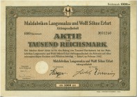 HISTORISCHE WERTPAPIERE. DEUTSCHLAND. Malzfabriken Langensalza und Wolff Söhne Erfurt. Aktie 1000 Reichsmark, 1942, Erfurt. Die Gesellschaft wurde 187...