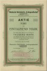 HISTORISCHE WERTPAPIERE. DEUTSCHLAND. Rheinische Holzindustrie AG vorm. Valentin Laufer. Aktie 1000 Mark, 1922, Düsseldorf. Diese Bau- und Möbelschrei...