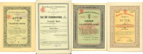 HISTORISCHE WERTPAPIERE. DEUTSCHLAND. Lot 4 unterschiedliche Stücke: a) Bierbrauerei-Gesellschaft am Huttenkreuz AG, Aktie 1'000 Mark, 1899; b) Actien...