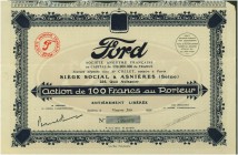HISTORISCHE WERTPAPIERE. FRANKREICH. Ford SA Française. Aktie F100, 1929, Asnières. Ford Frankreich wurde 1916 durch den Engländer Percival Perry (187...