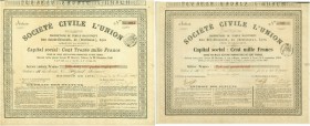 HISTORISCHE WERTPAPIERE. FRANKREICH. Société Civile l'Union Propriétaire du Temple Maçonnique. Aktie F100, Lyon. Lot 2 Stück: a) 1870, b) 1875; selten...