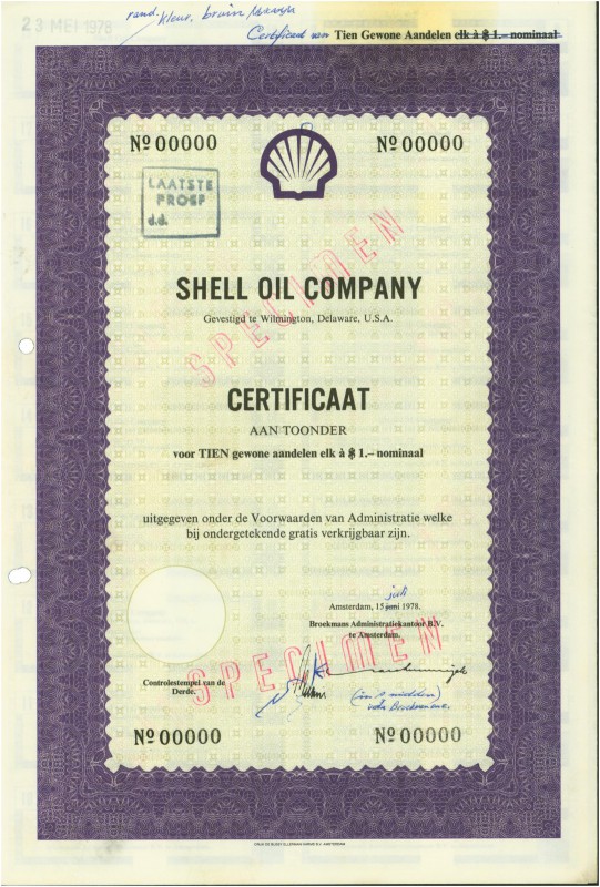 HISTORISCHE WERTPAPIERE. NIEDERLANDE. Shell Oil Company. Zertifikat zu je 10 Sta...