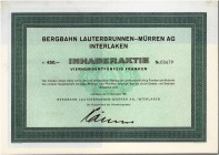 HISTORISCHE WERTPAPIERE. SCHWEIZ. Eisenbahnen / Bergbahnen / Trams etc. Bergbahn Lauterbrunnen-Mürren. Aktie Fr. 450.-, 1967, Interlaken. Vorzüglich /...