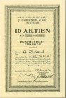 HISTORISCHE WERTPAPIERE. SCHWEIZ. Diverse. J. Ochsner & Co. Zertifikat 10 Aktien zu je Fr. 500.-, 1926, Zürich. Die 1846 gegründete Firma J. Ochser & ...