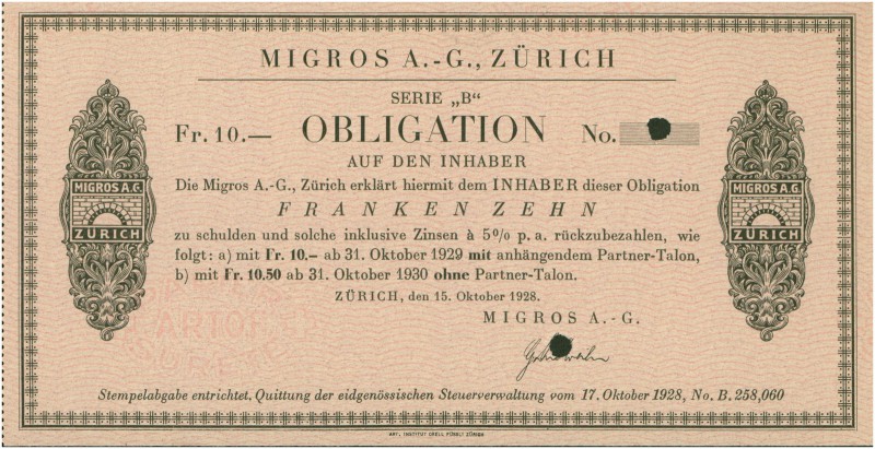 HISTORISCHE WERTPAPIERE. SCHWEIZ. Diverse. Migros AG. Obligation Fr. 10.-, 1928,...