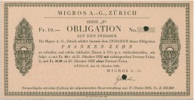 HISTORISCHE WERTPAPIERE. SCHWEIZ. Diverse. Migros AG. Obligation Fr. 10.-, 1928, Zürich. Gottlieb Duttweiler revolutionierte 1925 den Detailhandel mit...