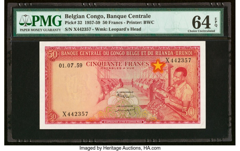 Belgian Congo Banque Centrale 50 Francs 1.7.1959 Pick 32 PMG Choice Uncirculated...