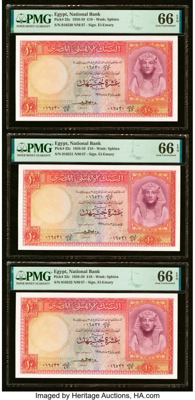 Egypt National Bank of Egypt 10 Pounds 1952-60 Pick 32c Three Consecutive Exampl...