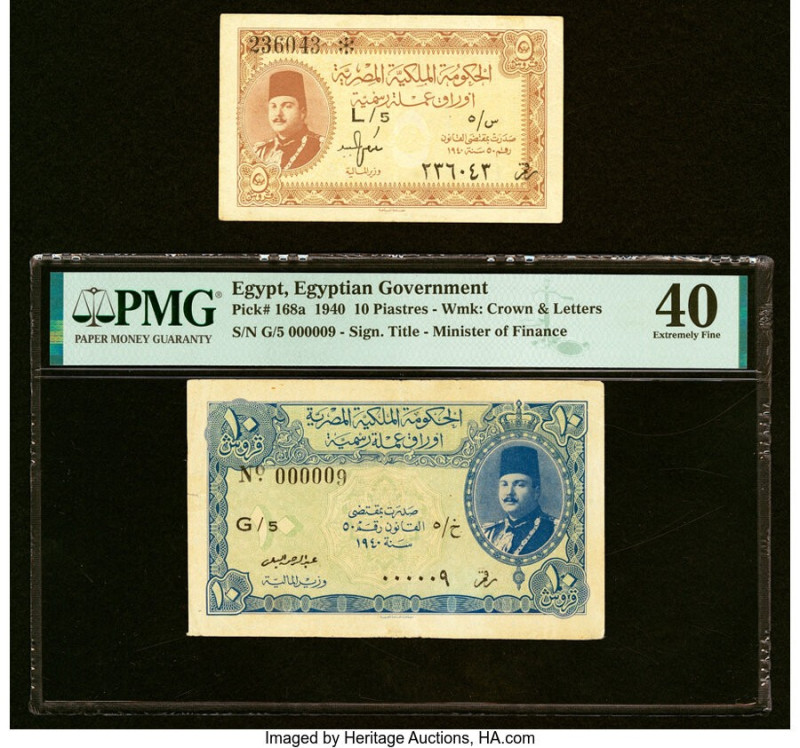 Egypt Egyptian Government 5; 10 Piastres 1940 Pick 165a; 168a Two Examples Very ...