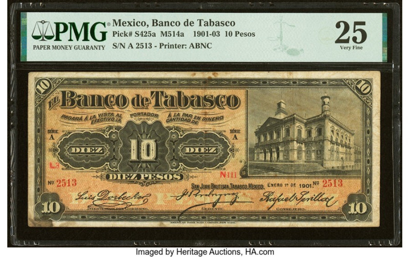 Mexico Banco De Tabasco 10 Pesos 1.1.1901 Pick S425a M514a PMG Very Fine 25. HID...