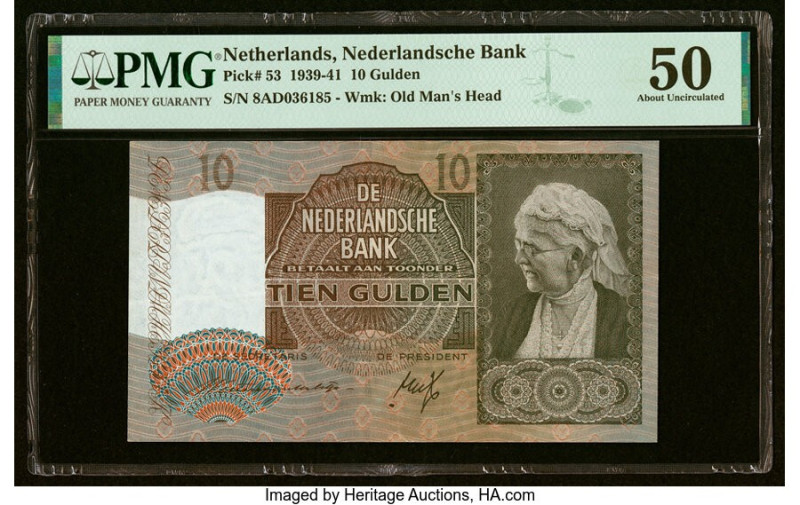 Netherlands Netherlands Bank 10 Gulden 8.7.1940 Pick 53 PMG About Uncirculated 5...