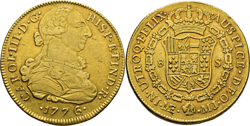 CARLOS III. Lima. 8 escudos. 1776. El segundo 7 sobre otro rectificado. MJ. Cy12...
