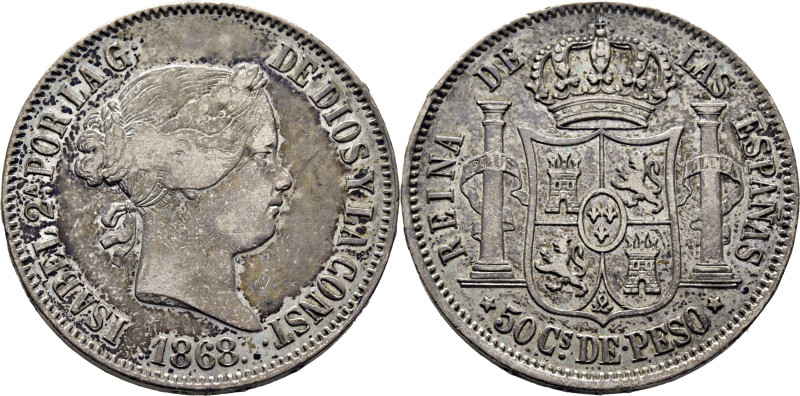ISABEL II. Manila. 50 centavos de peso. 1868. Cy17153. MBC-/MBC+, restos de bril...