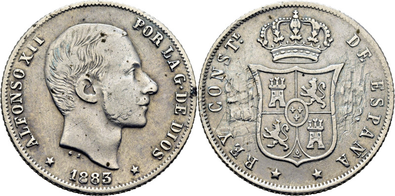 ALFONSO XII. Manila. 20 centavos de peso. 1883 rectificado el 3 sobre otro 3. Cy...