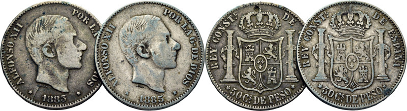 ALFONSO XII. Manila. 50 centavos de peso. 1883 y 1885. Cy17562 y 17566. Levísimo...