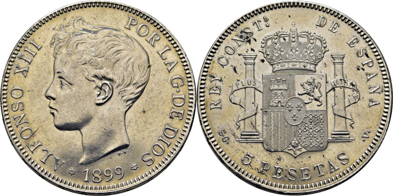ALFONSO XIII. 5 pesetas. 1899*18-99. SGV. Cy17648. Algún carbón en reverso. Limp...