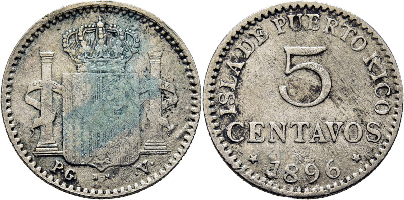 ALFONSO XIII. 5 centavos. 1896. PGV. Para la isla de Puerto Rico. Cy17657. Oxida...