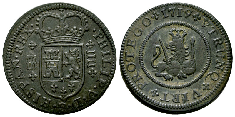 Philip V (1700-1746). 4 maravedis. 1719. Segovia. (Cal-92). Ae. 8,86 g. A good s...