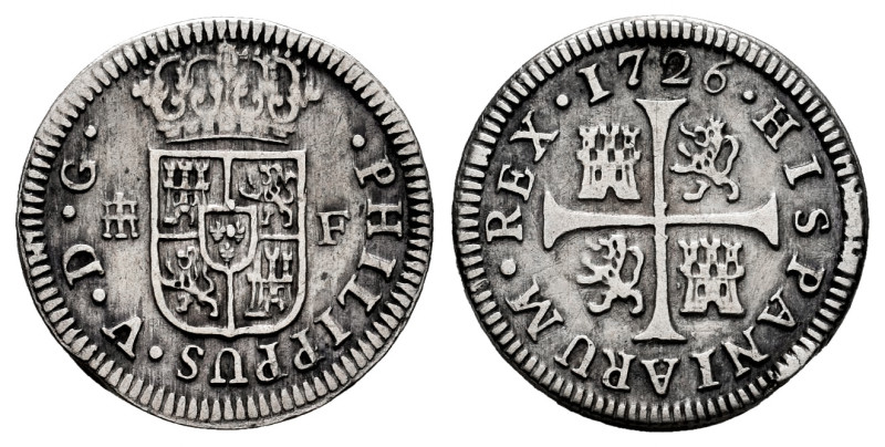 Philip V (1700-1746). 1/2 real. 1726. Segovia. F. (Cal-331). Ag. 1,28 g. Golpeci...