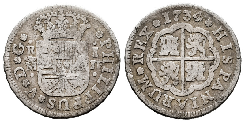 Philip V (1700-1746). 1 real. 1734. Madrid. JF. (Cal-449). Ag. 2,63 g. Choice F....