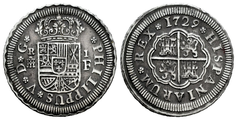 Philip V (1700-1746). 1 real. 1729. Segovia. F. (Cal-630). Ag. 2,77 g. Large fla...