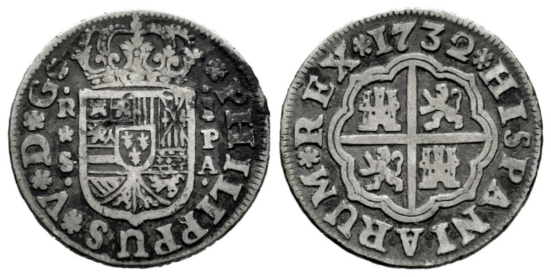 Philip V (1700-1746). 1 real. 1732. Sevilla. PA. (Cal-656). Ag. 2,81 g. Almost V...