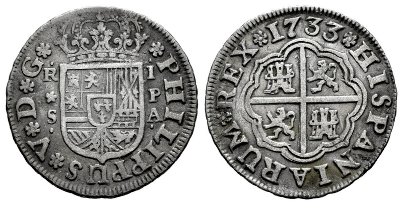 Philip V (1700-1746). 1 real. 1733. Sevilla. PA. (Cal-657). Ag. 2,81 g. VF. Est....