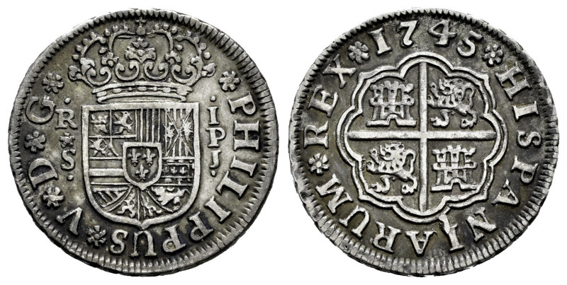 Philip V (1700-1746). 1 real. 1745. Sevilla. PJ. (Cal-668). Ag. 2,85 g. Toned. C...