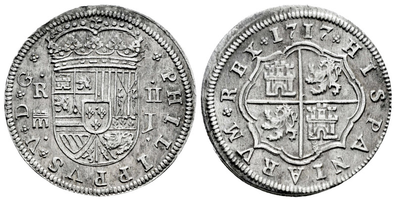 Philip V (1700-1746). 2 reales. 1717. Segovia. J. (Cal-944). Ag. 6,50 g. Aqueduc...