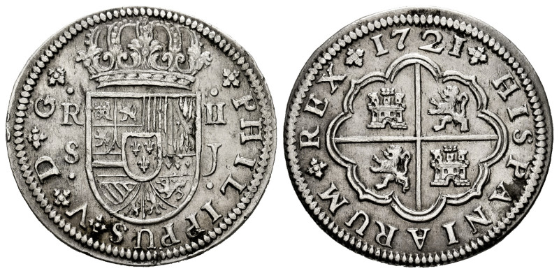 Philip V (1700-1746). 2 reales. 1721. Sevilla. J. (Cal-979). Ag. 6,34 g. Almost ...