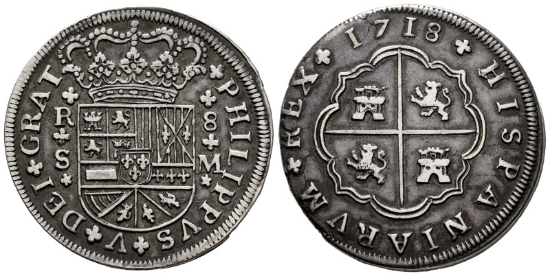 Philip V (1700-1746). 8 reales. 1718. Sevilla. M. (Cal-1617). Ag. 23,61 g. Three...