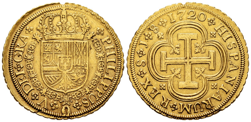 Philip V (1700-1746). 8 escudos. 1720. Sevilla. J. (Cal-2293). (Cal onza-516). A...