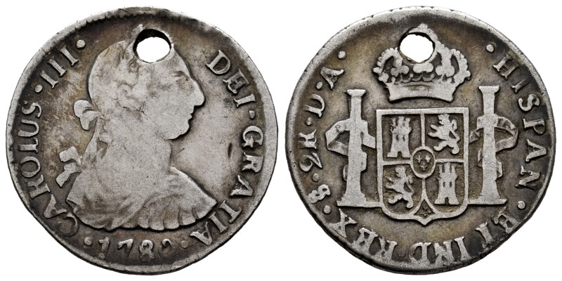 Charles III (1759-1788). 2 reales. 1780. Santiago. DA. (Cal-757). Ag. 6,43 g. Ho...