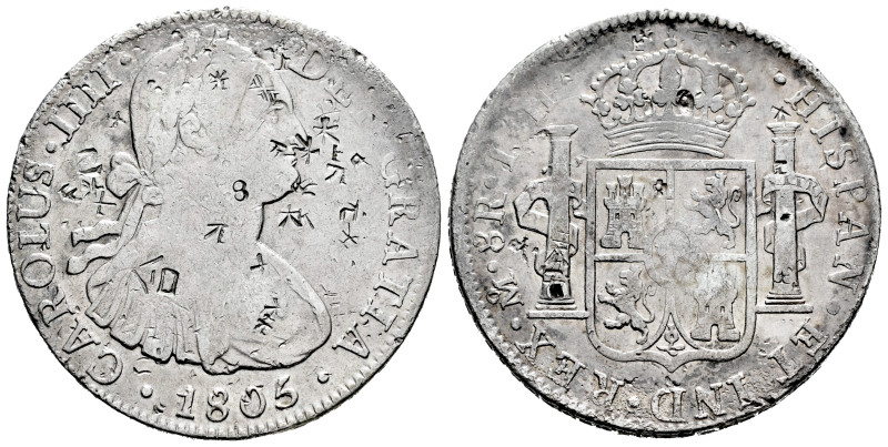 Charles IV (1788-1808). 8 reales. 1805. Mexico. TH. (Cal-983). Ag. 26,24 g. Chop...