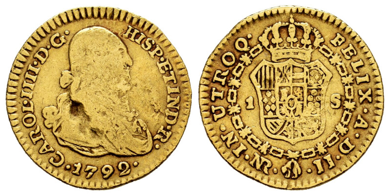 Charles IV (1788-1808). 1 escudo. 1792. Santa Fe de Nuevo Reino. JJ. (Cal-1198)....