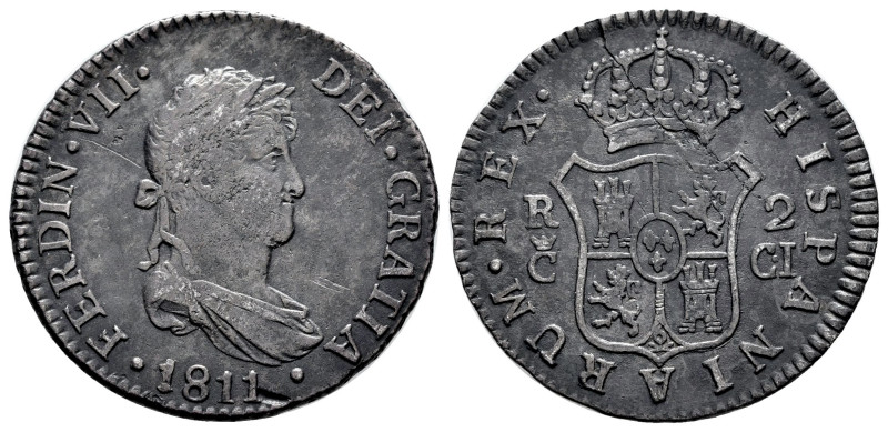 Ferdinand VII (1808-1833). 2 reales. 1811. Cadiz. CI. (Cal-726). Ag. 5,77 g. Pla...