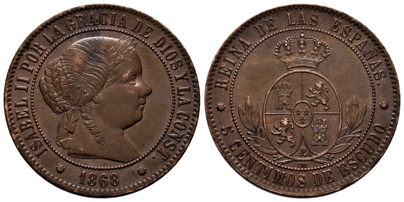 Elizabeth II (1833-1868). 5 centimos de escudo. 1868. Barcelona. OM. (Cal-246). ...