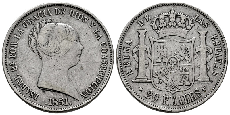 Elizabeth II (1833-1868). 20 reales. 1851. Madrid. (Cal-593). Ag. 25,85 g. Nicks...